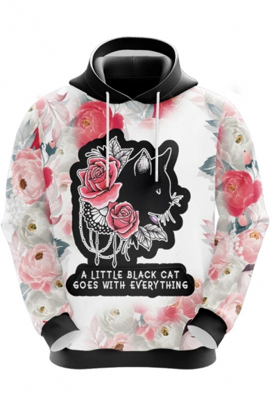 Mens Hoodie Unique Cat Floral Letter Pattern Drawstring Long Sleeve Slim Fit Hooded Sweatshirt