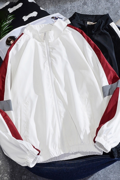 Mens Jacket Casual Color Block Panel Windproof Zipper up Mock Neck Loose Fit Long Sleeve Casual Jacket