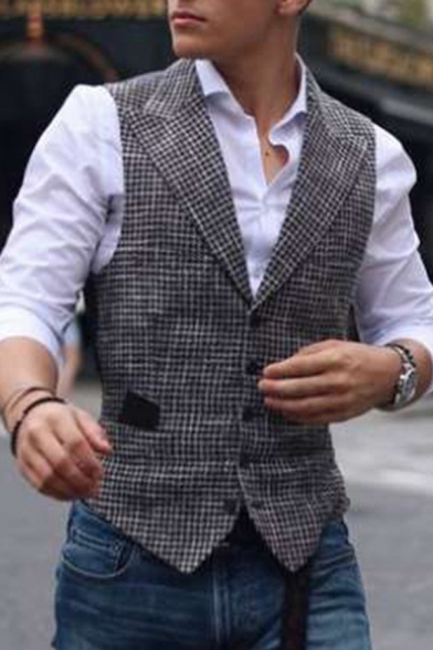 Mens Vest Casual Plaid Print Button up Lapel Collar Sleeveless Slim Fitted Vest