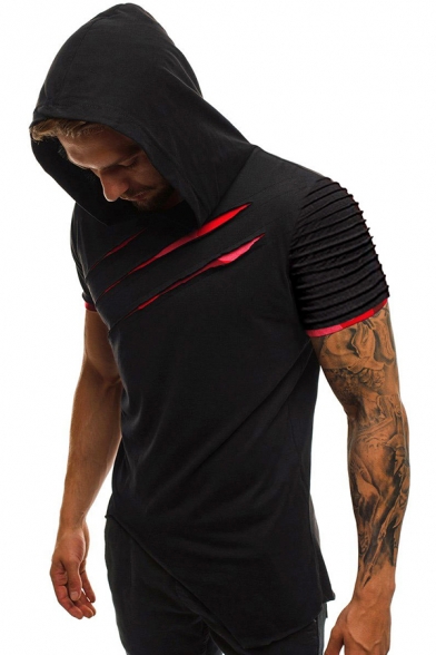 Stylish Men's Tee Top Patchwork Distressed Curl Edge Asymmetrical Hem Short-sleeved Color Block Short Sleeves Regular Fitted Hooded T-Shirt