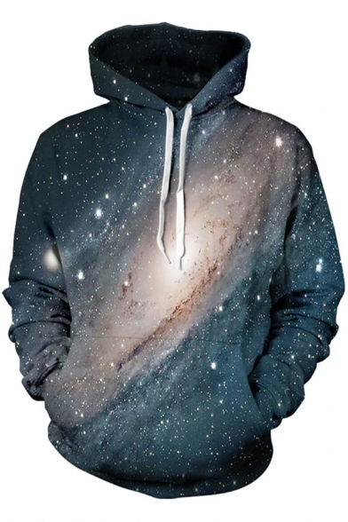 Stylish Mens 3D Galaxy Pattern Pocket Drawstring Long Sleeve Regular Fit Hooded Sweatshirt