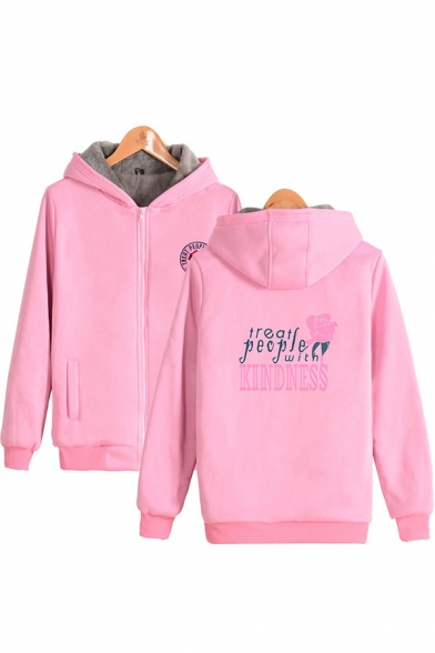 Stylish Women's Hoodie Brushed Letter Embroidered Zip down Pocket Design Long-sleeved Regular Fitted Hooded Sweatshirt