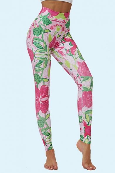 Stylish Women's Leggings Leaf Floral Painted High Waist Ankle Length Skinny Leggings