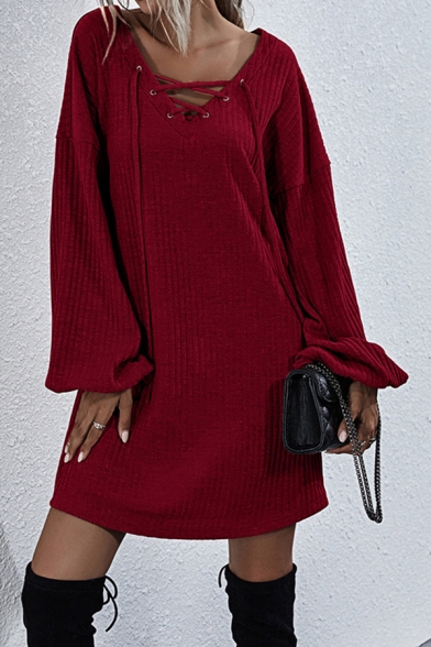 Stylish Women Sweater Dress Solid Color Ribbed Knit Lace up Front Long Bishop Sleeves V Neck Regular Fitted Sweater Dress