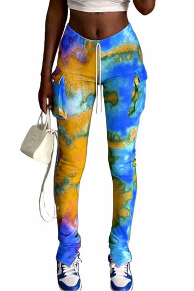 Trendy Women's Pants Tie Dye Pattern Side Flap Pockets Drawstring Waist Split Mid Waist Regular Fitted Long Pants
