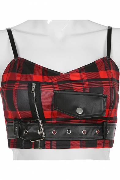 Trendy Women's Tank Top Plaid Pattern Zipper Detail Buckle Belted Sweetheart Neck Sleeveless Slim Fitted Crop Top