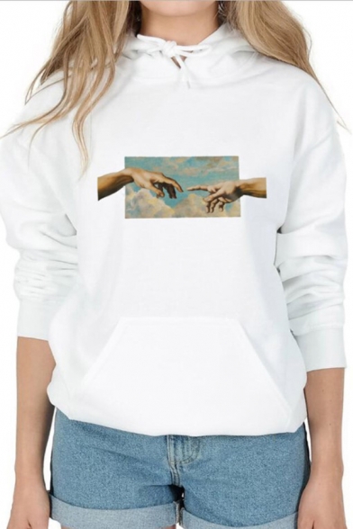 Trendy Womens Hoodie Hands Cloud Printed Front Pocket Long Sleeves Drawstring Hooded Sweatshirt