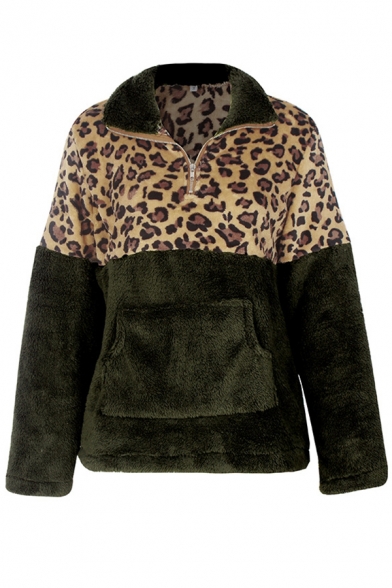 Winter Style Hoodie Color Block Leopard Pattern Color Block Kangaroo Pocket 1/4 Zip Collar Long-sleeved Fitted Fur Hooded Sweatshirt for Women