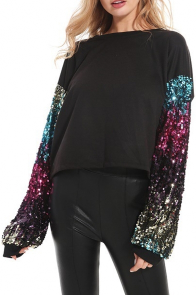 Womens Cool Glitter Sequined Patched Long Sleeve Round Neck Scalloped Hem Black Sweatshirt