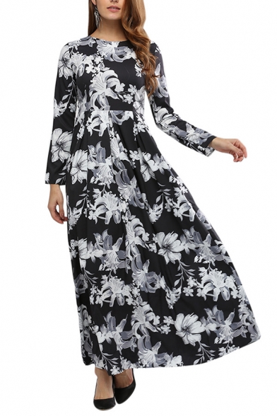 Womens Dress Chic Floral Leaf Pattern Zipper Back Maxi A-Line Slim Fitted Round Neck Long Sleeve Swing Dress