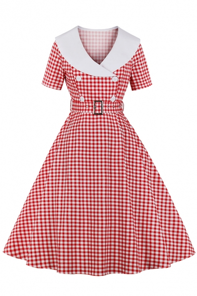 Womens Dress Stylish Checkered Pattern Button Decoration Buckle Belted Short Sleeve Midi A-Line Slim Fitted Surplice Neck Swing Dress