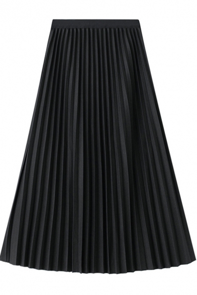 Womens Skirt Stylish Solid Color Woolen High Elastic Rise Midi A-Line Pleated Skirt
