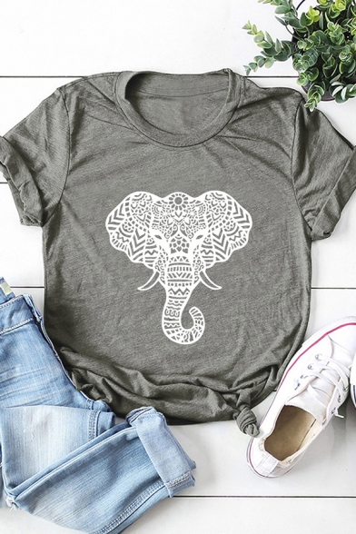Womens T-Shirt Chic Elephant Pattern Purified Cotton Short Sleeve Round Neck Relaxed Fitted Tee Top