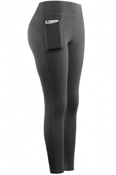 Womens Yoga Leggings Trendy Plain Mention Hip Side Pockets Skinny Fit 7/8 Length Sport Leggings