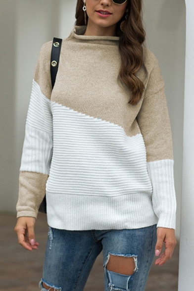 All-Match Women's Sweater Patchwork Color Block Rib Trim Rolled Hem Mock Neck Long-sleeved Regular Fitted Sweater