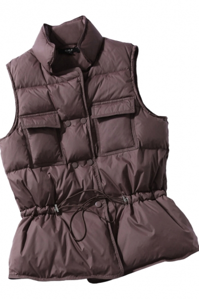Basic Women's Vest Solid Color Fluffy Quilted Flap Pockets Button-down Stand-Collar Sleeveless Regular Fitted Coat Vest