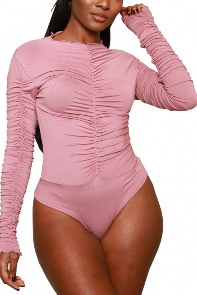 Basic Womens Bodysuit Plain Ruched Design Long Sleeve Crew Neck Slim Fitted Bodysuit