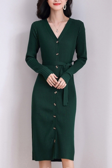 Casual Women's Sweater Dress Solid Color Ribbed Knit Button-down V Neck Long Sleeves Slim Fitted Midi Sweater Dress with Belt