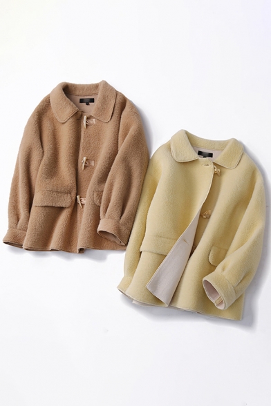 Casual Woolen Coat Fur Fleece Brushed Solid Color Flap Pockets Horn Button Peter Pan Collar Long Sleeves Loose Fitted Woolen Coat for Women