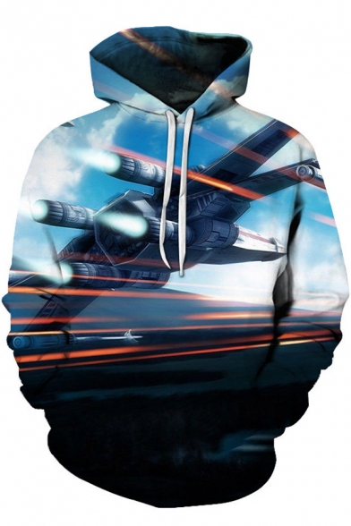 Cool Mens 3D Combat Aircraft Pattern Pocket Drawstring Long Sleeve Regular Fit Hooded Sweatshirt