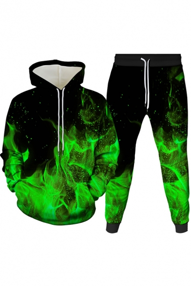 Cool Mens Co-ords 3D Fire Pattern Slim Fitted 7/8 Length Tapered Pants Long Sleeve Hoodie Jogger Co-ords