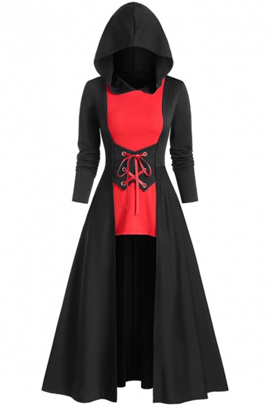Creative Womens Dress Color Block Lace-up Corset Waist High-Low Long Sleeve Midi A-Line Slim Fitted Hooded Swing Dress