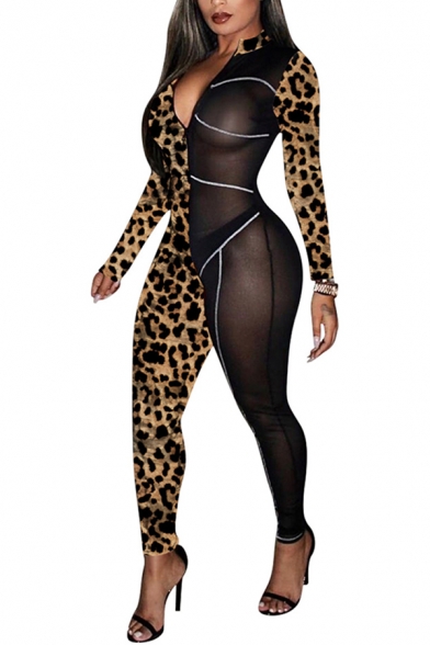 Creative Womens Jumpsuit Brush Stroke Plaid Leopard Zebra Skin Pattern Mesh Tape Patchwork Zipper Front Mock Neck Skinny Fitted Long Sleeve Jumpsuit