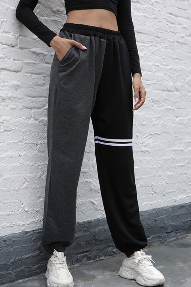 Creative Womens Pants Contrast Panel Stripe-Patchwork Elastic Waist Cuffed 7/8 Length Regular Fit Tapered Sport Pants