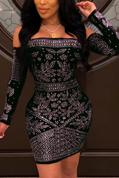 Fancy Women's Bodycon Dress Paisley Pattern Sequins Glitter Detailed off the Shoulder Long-sleeved Slim Fitted Short Bodycon Dress