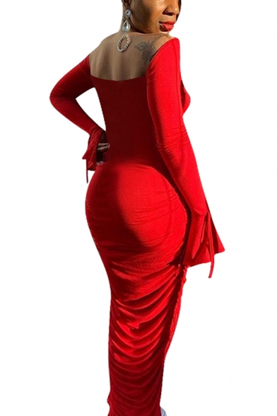 Fashionable Women's Dress Solid Color Pleated Detail Square Neck Long Flare Cuff Sleeves Slim Fitted Long Bodycon Dress