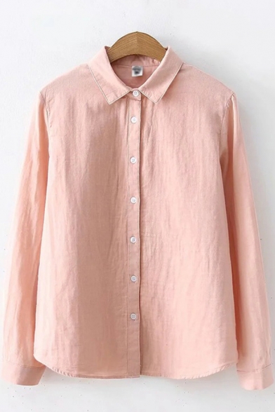 Leisure Women's Shirt Cotton and Linen Solid Color Button Fly Turn-down Collar Long Sleeves Regular Fitted Shirt