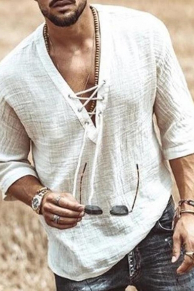 Mens T Shirt Chic Plain Lace-up Embellished Mid Sleeve Split Neck Regular Fitted Tee Top