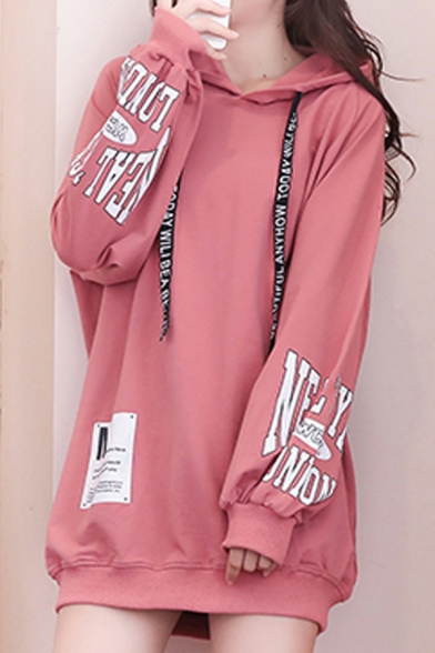 New Stylish Letter Printed Long Sleeve Drawstring Long Loose Hoodie