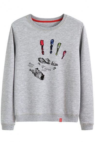 New Stylish Painted Palm Printed Crew Neck Long Sleeve Regular Fitted Cotton Pullover Sweatshirt