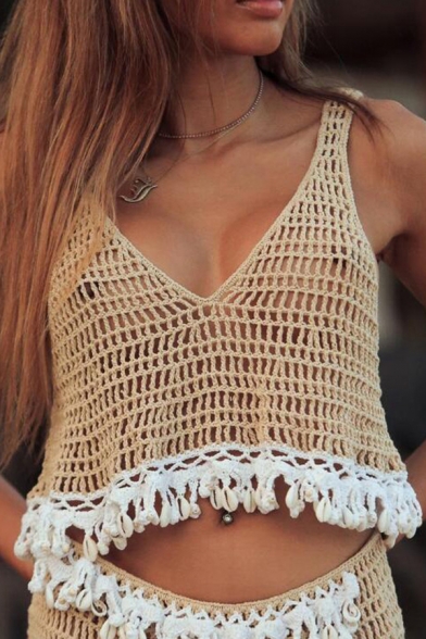 Novelty Womens Bikini Top Hand-Hook Hollow out Knitted Regular Fit Deep V Neck Tank Bikini Top