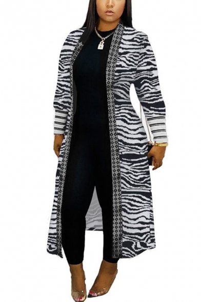 Novelty Womens Cardigan Argyle Zebra Leopard Skin Letter F Pattern Maxi Regular Fitted Open Front Long Sleeve Cardigan