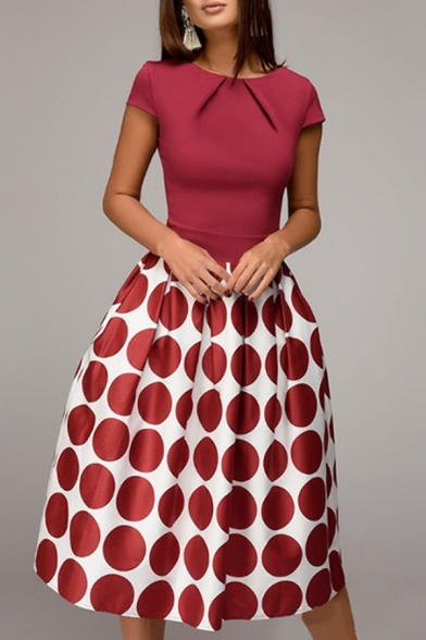Novelty Womens Dress Polka Dot Print Contrast Panel Short Sleeve Knee Length A-Line Slim Fitted Round Neck Swing Dress
