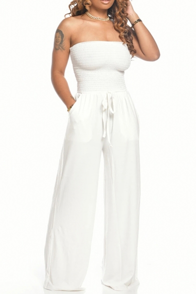 Novelty Womens Jumpsuit Solid Color Drawstring-Waist off Shoulder Slim Fitted Sleeveless Strapless Wide Leg Jumpsuit