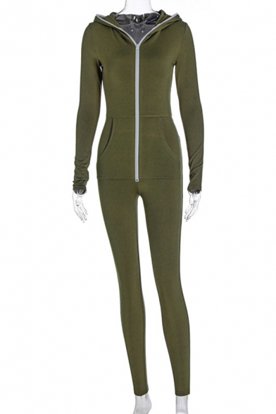 Novelty Womens Sport Jumpsuit Solid Color Zipper Front Long Sleeve Hooded Skinny Fitted Jumpsuit