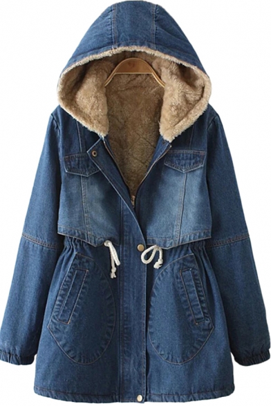 Retro Womens Jacket Faded Wash Sherpa Lined Thick Drawstring Waist Mid-Length Zipper up Hooded Slim Fit Long Sleeve Denim Jacket