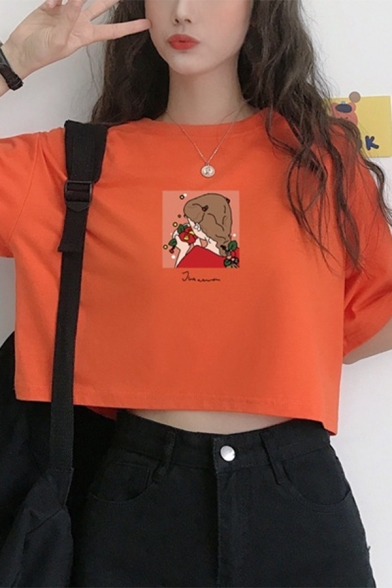 Simple Dinosaur Embroidery Pocket Round Neck Orange Cropped Loose Tee
