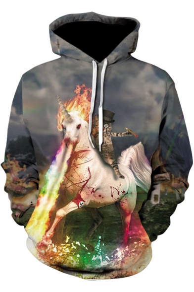 Stylish Mens 3D Fire Unicorn Cat Pattern Pocket Drawstring Long Sleeve Regular Fit Hooded Sweatshirt