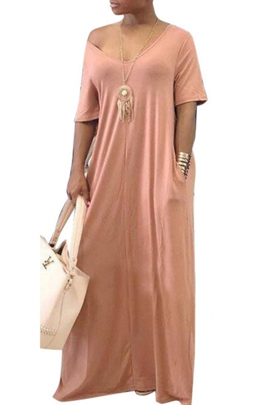 Unique Womens Dress Solid Color Pockets V Neck Short Sleeve Loose Fitted Maxi T-Shirt Dress