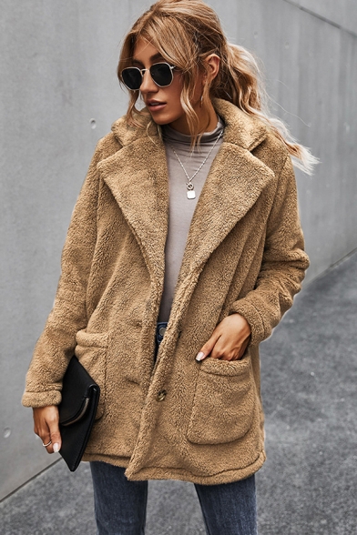 Unique Womens Jacket Solid Color Double Pockets Front Thickened Button up Regular Fitted Notched Lapel Collar Tunic Fur Jacket