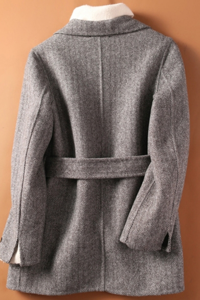 Vintage Womens Coat Tie-Waist Pockets Double-Face Woollen Open Front Long Sleeve Notched Lapel Collar Loose Fit Wool Coat
