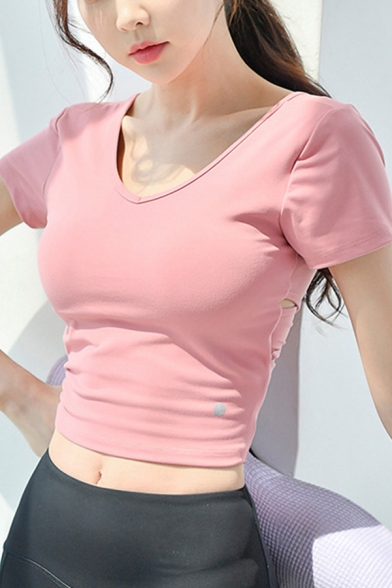 Vintage Womens Yoga T-Shirt Plain Chest Pad Beauty-Back Quick Dry Slim Fitted V Neck Cropped Short Sleeve T-Shirt