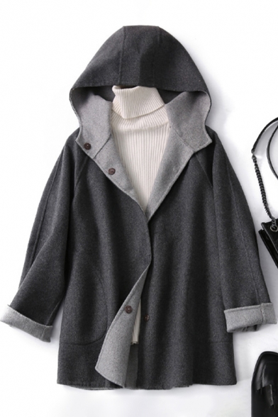 Womens Coat Fashionable Large Pockets Double-Face Woollen Button up Hooded Loose Fit Long Sleeve Wool Coat