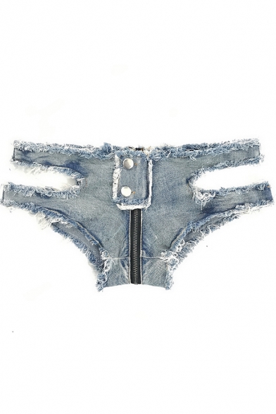 Womens Denim Shorts Stylish Faded Wash Ripped Cut-out Side Zipper Fly Ultra-Short Low Rise Slim Fitted Triangle Shorts