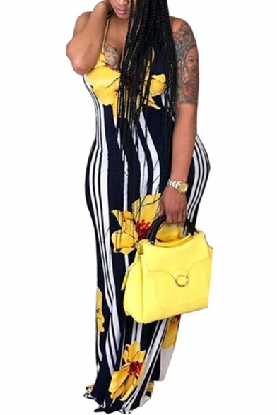 Womens Dress Chic Floral Stripe Print Waist-Control Maxi Slim Fitted V Neck Sleeveless Bodycon Dress