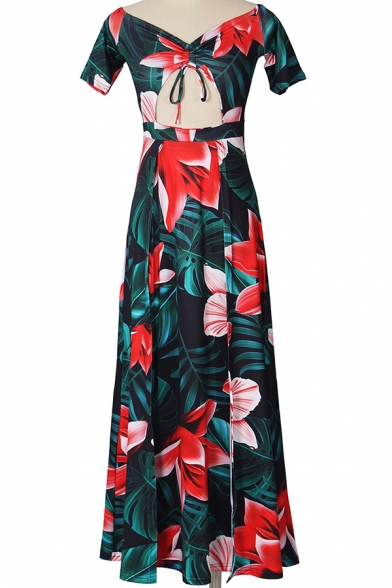 Womens Dress Fashionable Leaf Flower Print Double High Slit Cut-out Front Short Sleeve Maxi Slim Fitted off Shoulder A-Line Swing Dress
